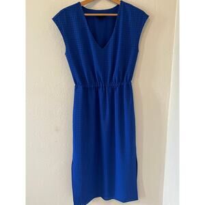 Women's J. Crew Perforated Colbot Blue Midi Dress Pockets Elastic Waist Size 0